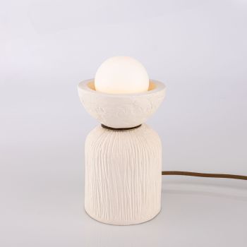 Prali Ceramic Table Lamp with Glass Globe, Matte White Striped, Antique Brass