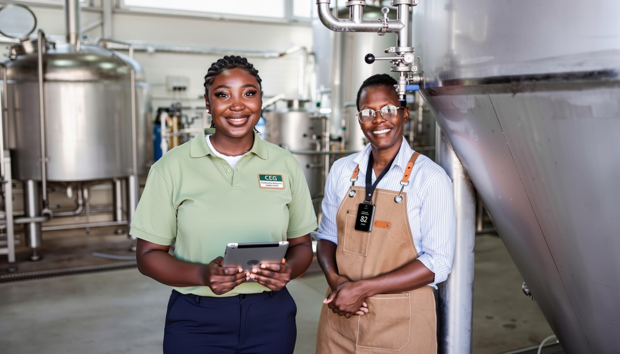 A Community Care Guide with a brewery worker wearing her ORTON sensor on the production floor