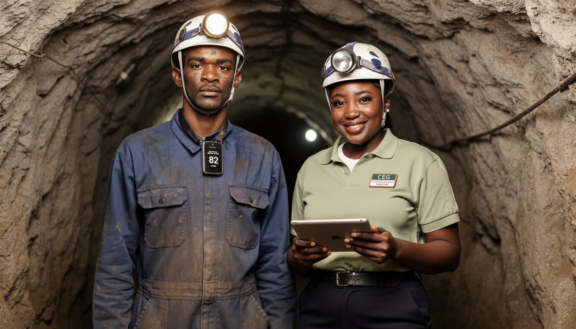 A Community Care Guide with a miner in a headlamp helmet inside a mine tunnel
