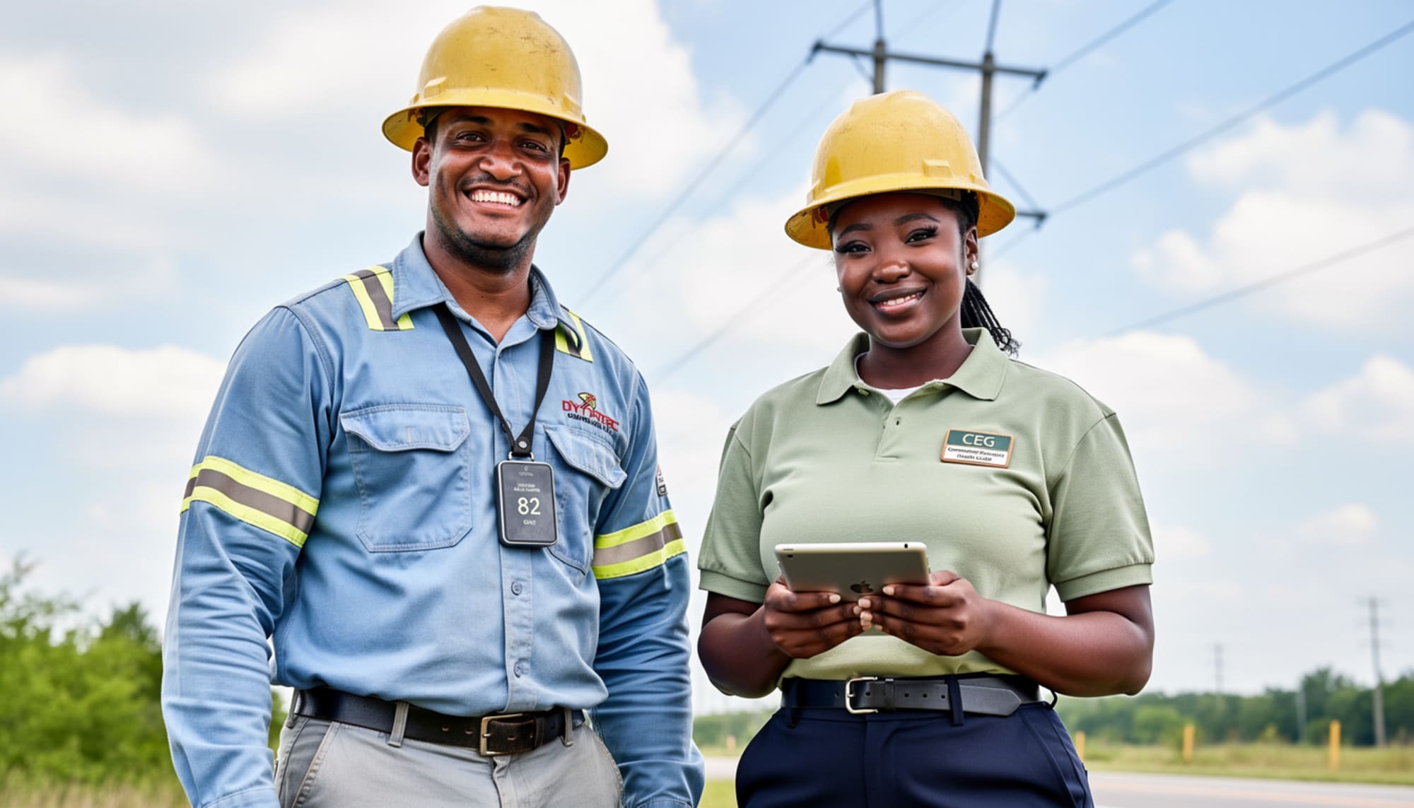 A Community Care Guide with a utility line worker in a hard hat wearing his ORTON sensor