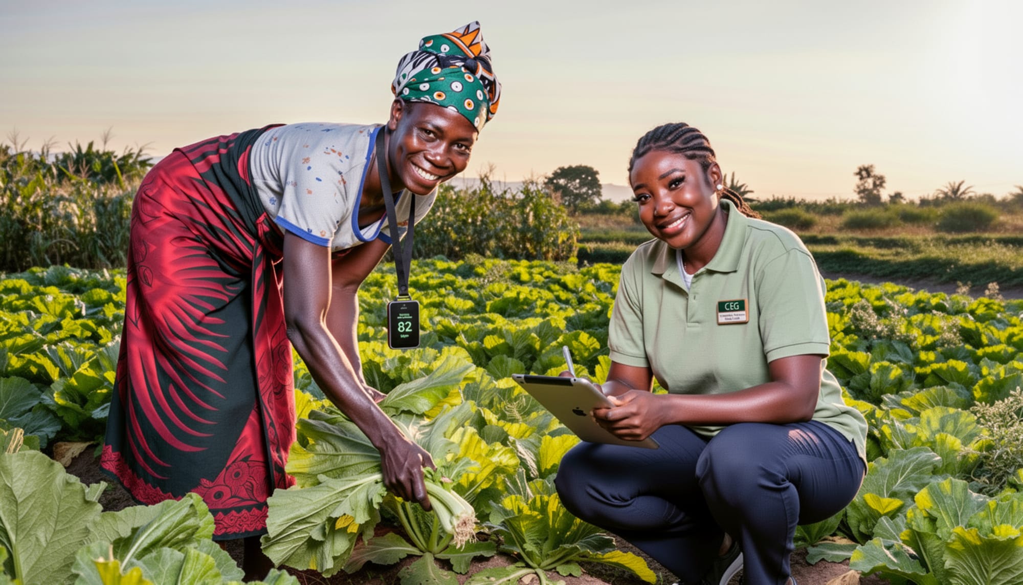 A Community Care Guide with a vegetable farmer harvesting greens at sunrise