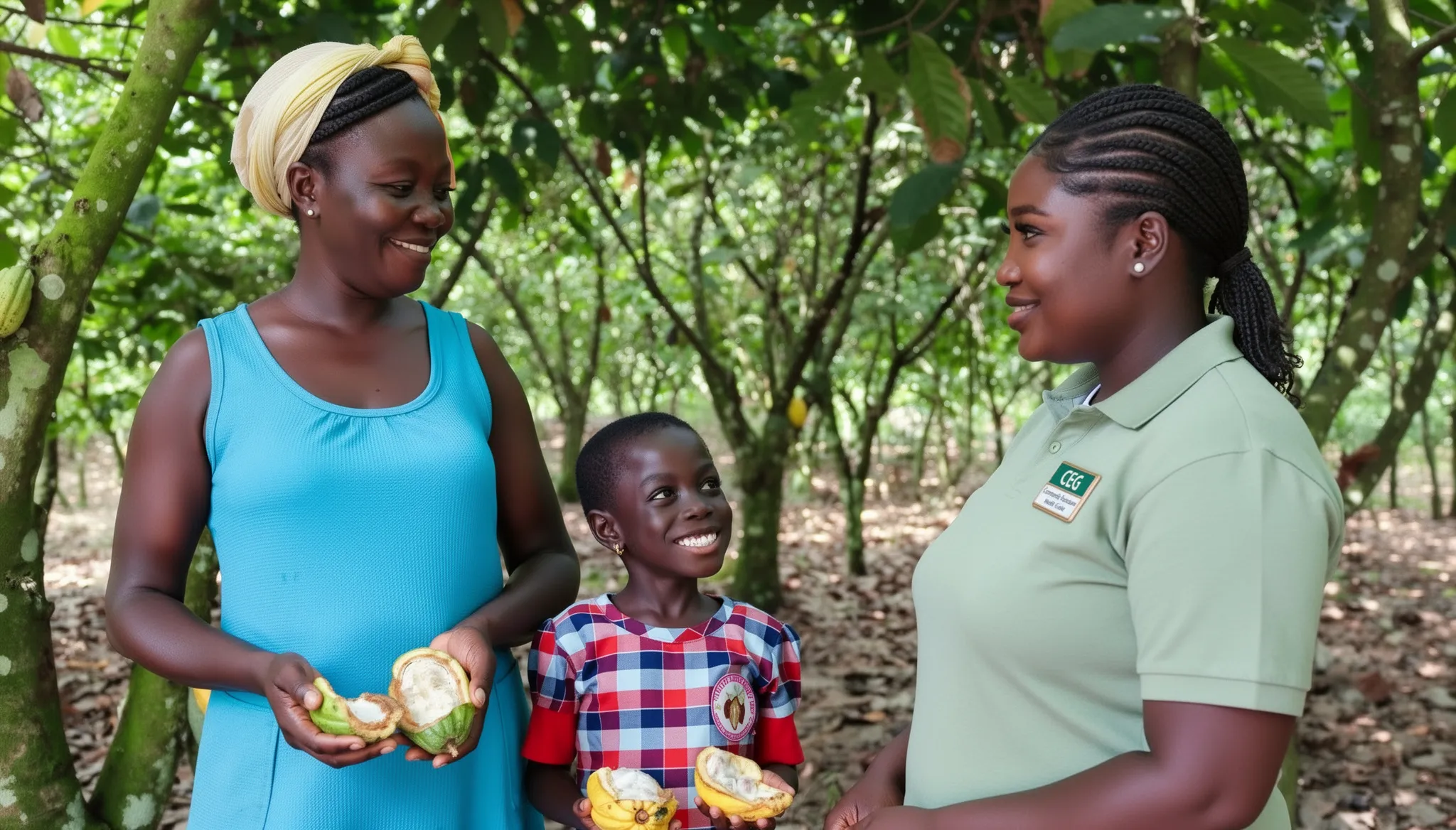 A CCG talking with a cocoa-farming mother and her daughter on their farm