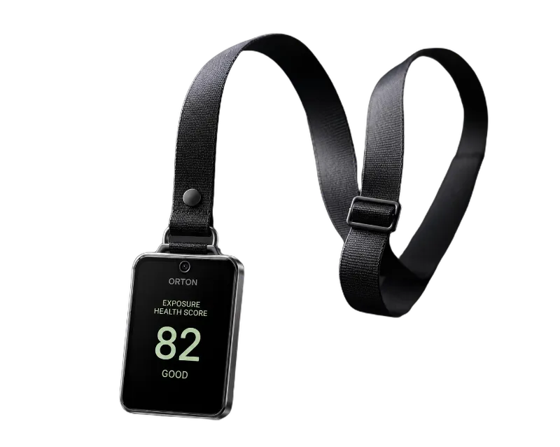 The ORTON badge on a lanyard, showing an ExposureHealth Score of 82, Good
