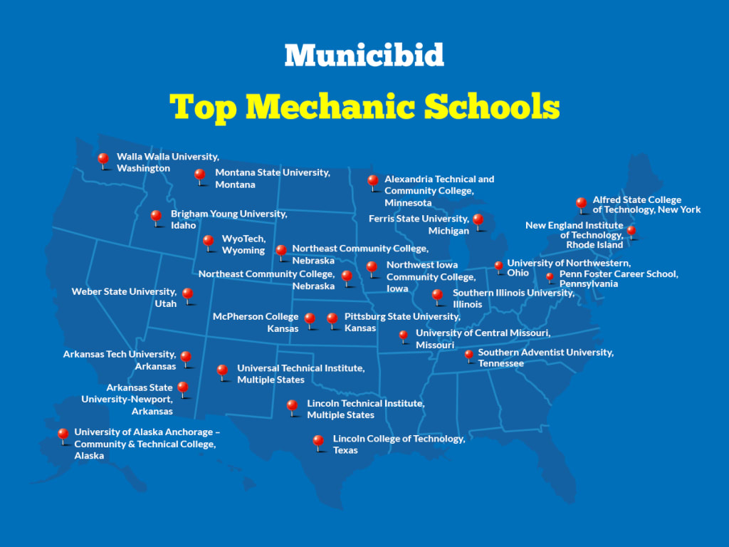 Top 20 Mechanic Schools map infographic