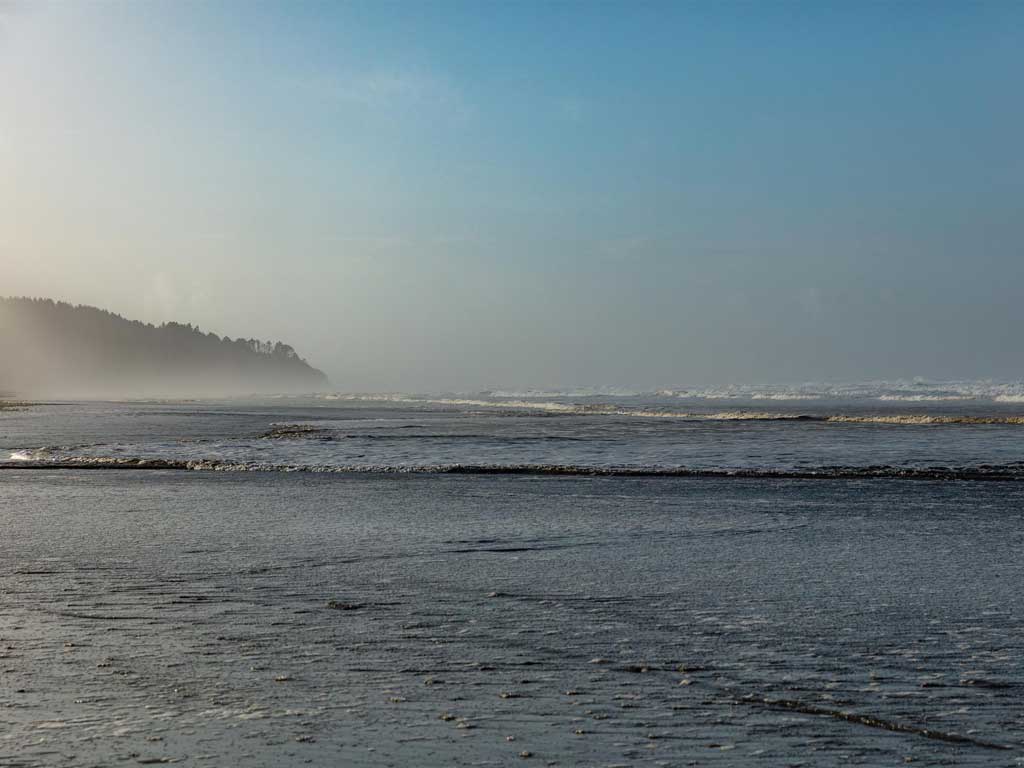 Coastal view of Seaview, Washington, featuring a misty shoreline and gentle waves, reflecting the serene atmosphere of the Murmur Creative retreat experience.