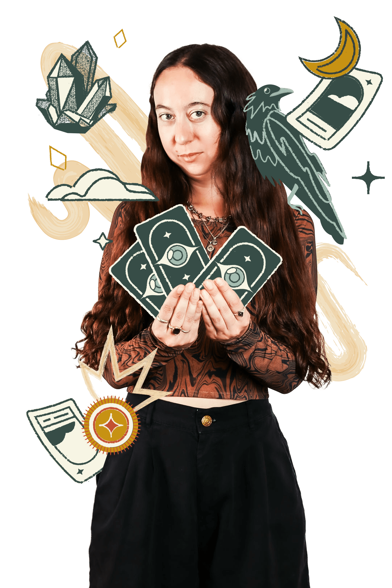 India Kieser portrait with illustrated brand archetype elements and playing cards, Murmur Creative Senior Producer.