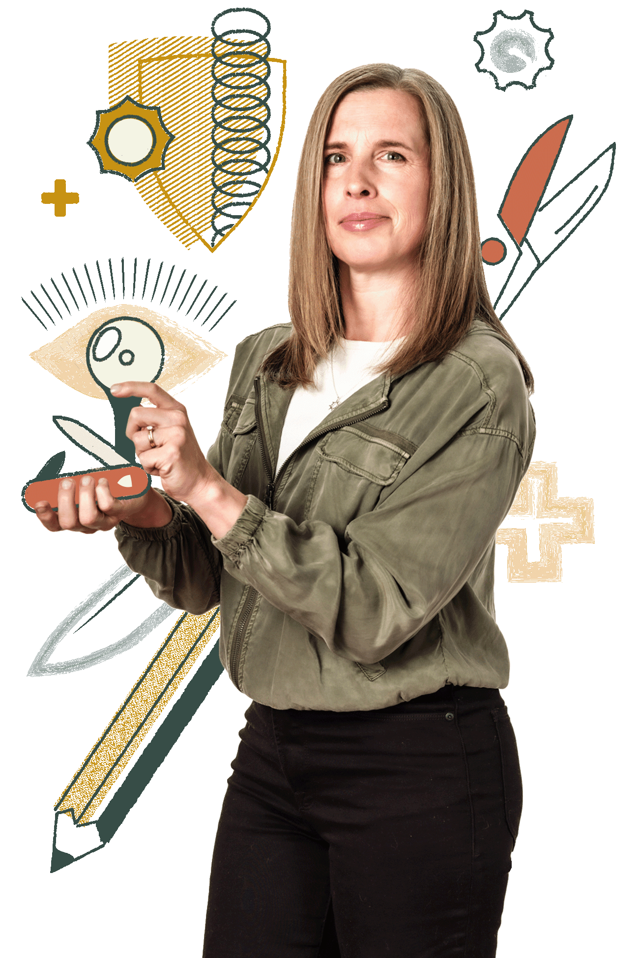 Wendy McDonald, Account Manager at Murmur Creative, holding a creative tool with design elements in the background, symbolizing problem-solving and adaptability in marketing.