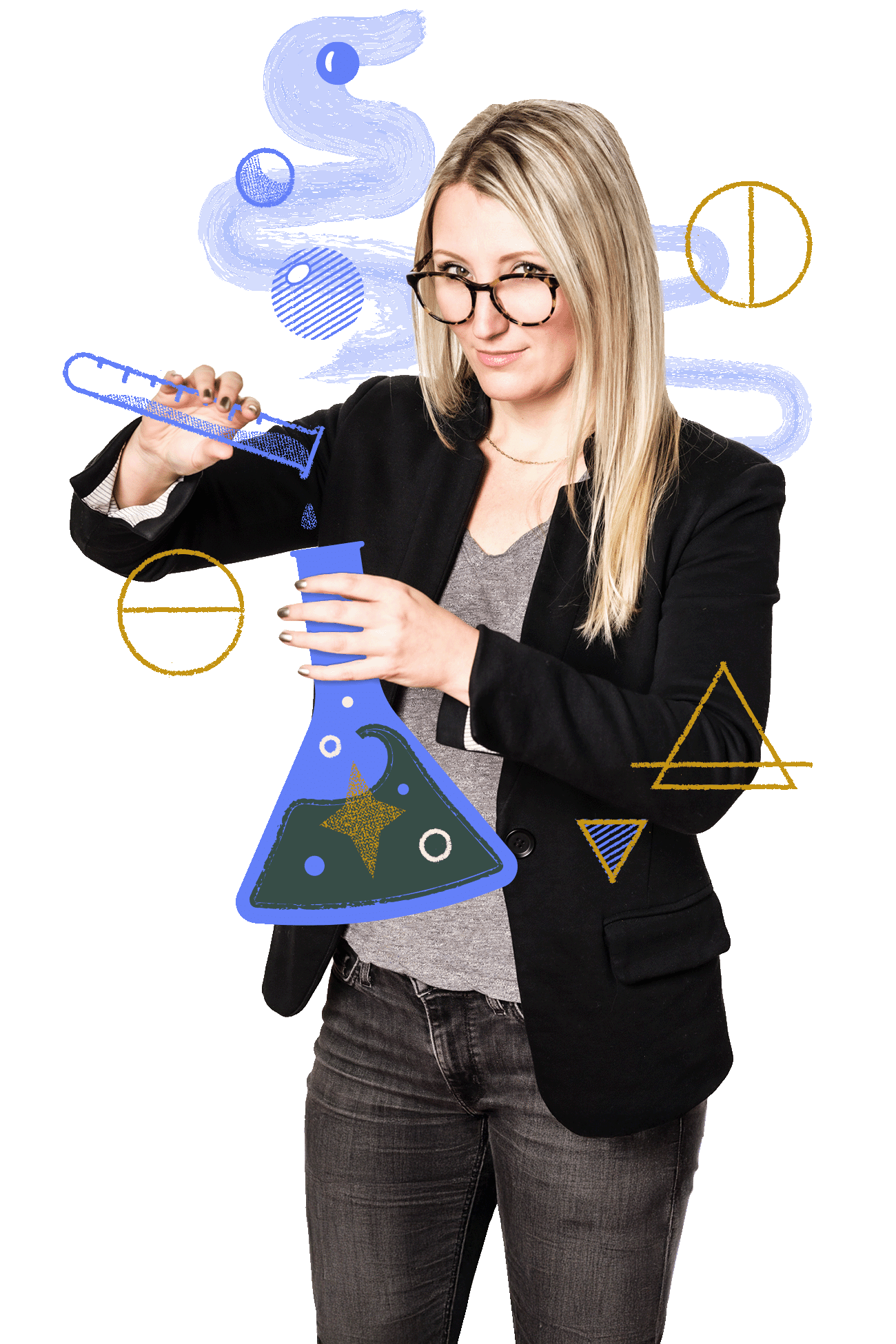 Angela Larisch, Strategy Director at Murmur Creative, engaging in experimental fragrance design with laboratory glassware and creative illustrations.