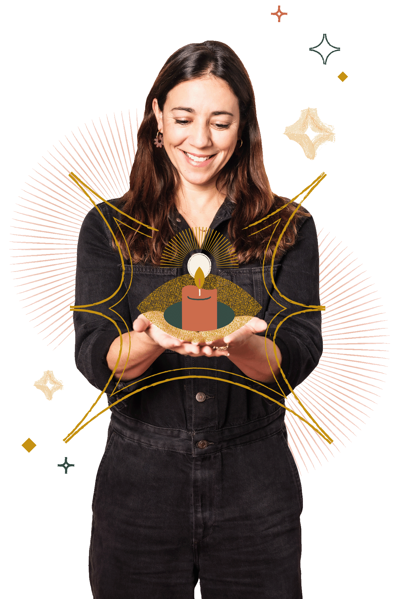 Dani Severson smiling while holding a candle, surrounded by graphic elements symbolizing creativity and warmth, reflecting her role as Creative Director at Murmur Creative.