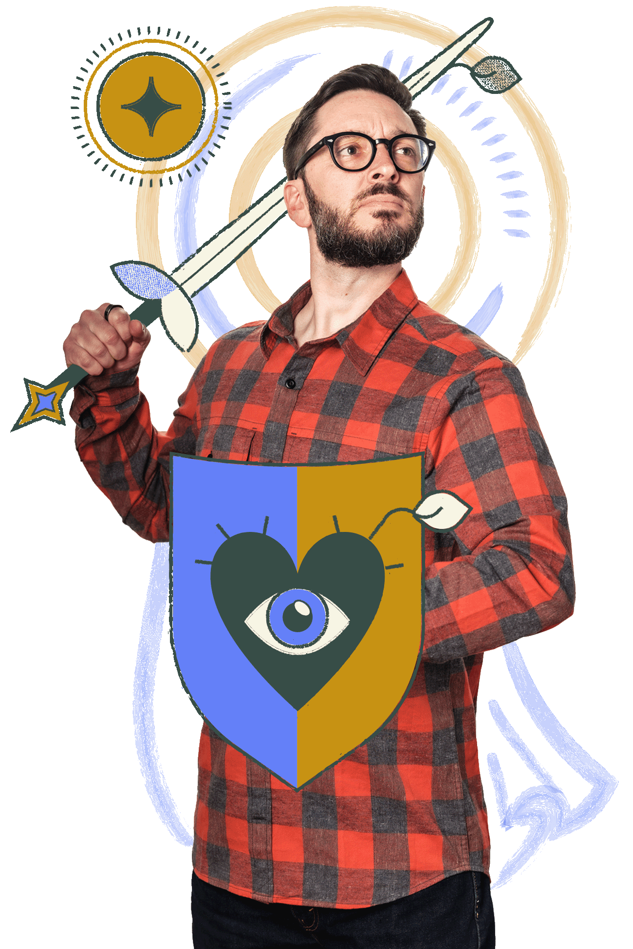 Andrew Bolton holding a shield featuring a heart and eye design, wielding a sword, against a colorful illustrated background, embodying creativity and leadership in branding at Murmur Creative.