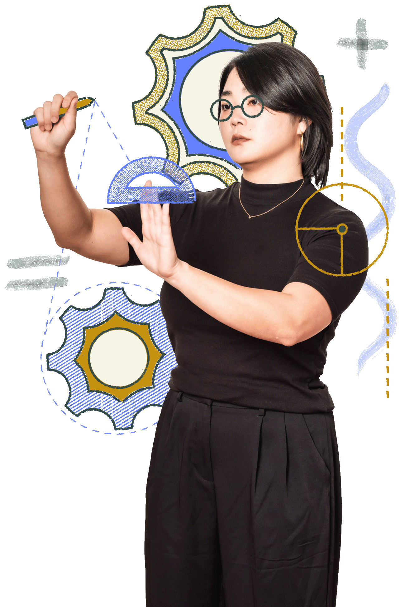 Amy Hwang, Senior Developer at Murmur Creative, using a protractor and pencil surrounded by creative design elements, emphasizing her methodical approach to web development.