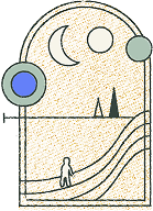 Abstract illustration of a person standing in a landscape with wavy lines, trees, and celestial elements, symbolizing creativity and connection, relevant to Murmur Creative's branding and engagement theme.