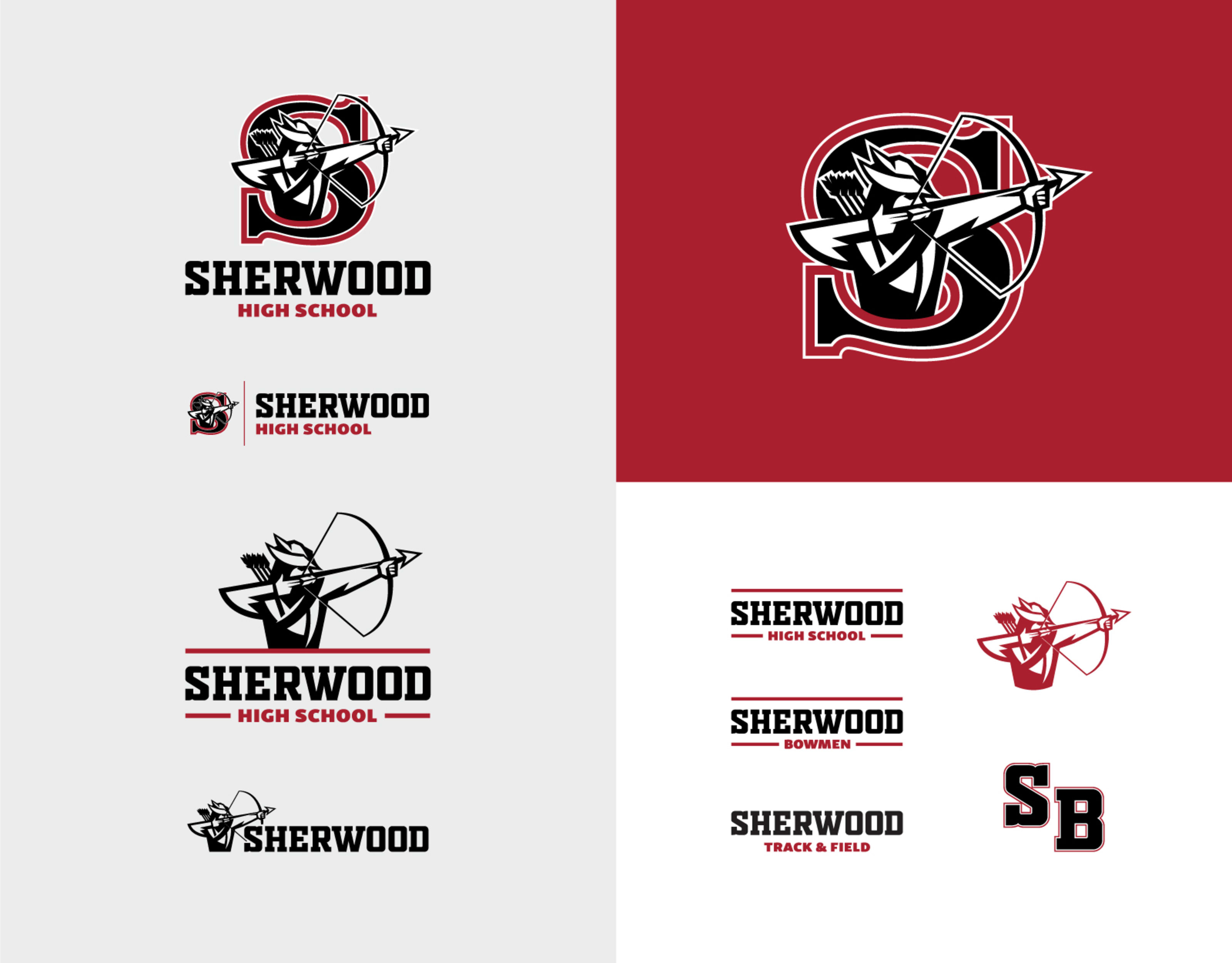 Sherwood high school logo suite featuring type options and the robin hood mascot