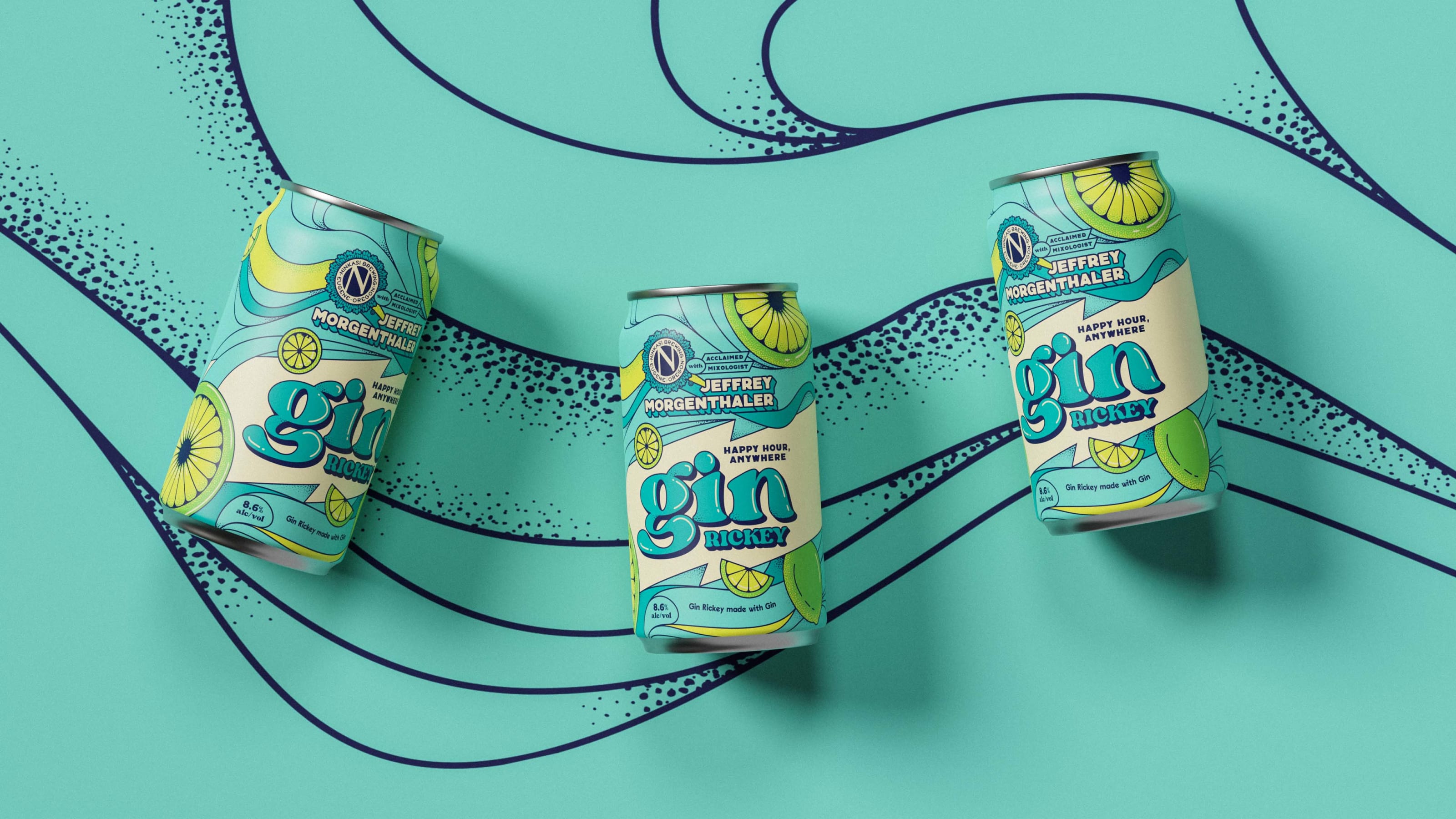 Ninkasi Gin Rickey Cocktail cans on a teal background