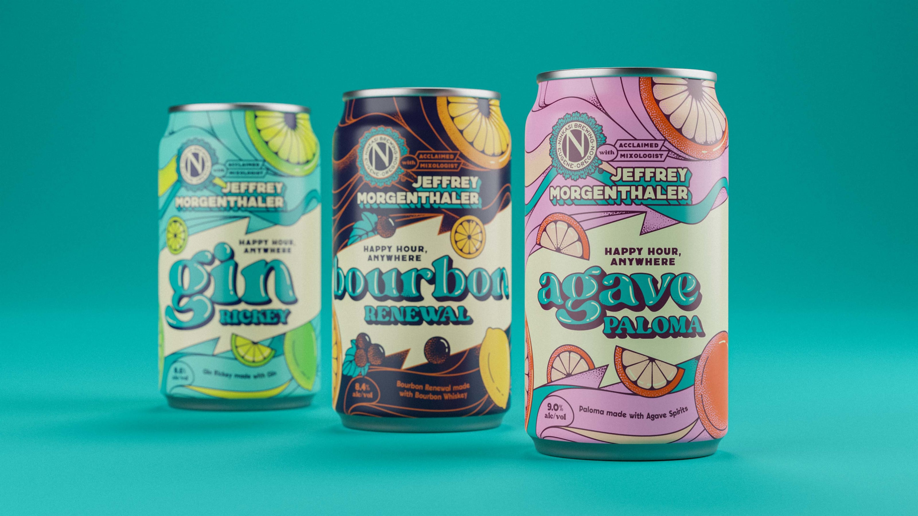 Ninkasi Cocktail cans in a row, featuring the three flavors available