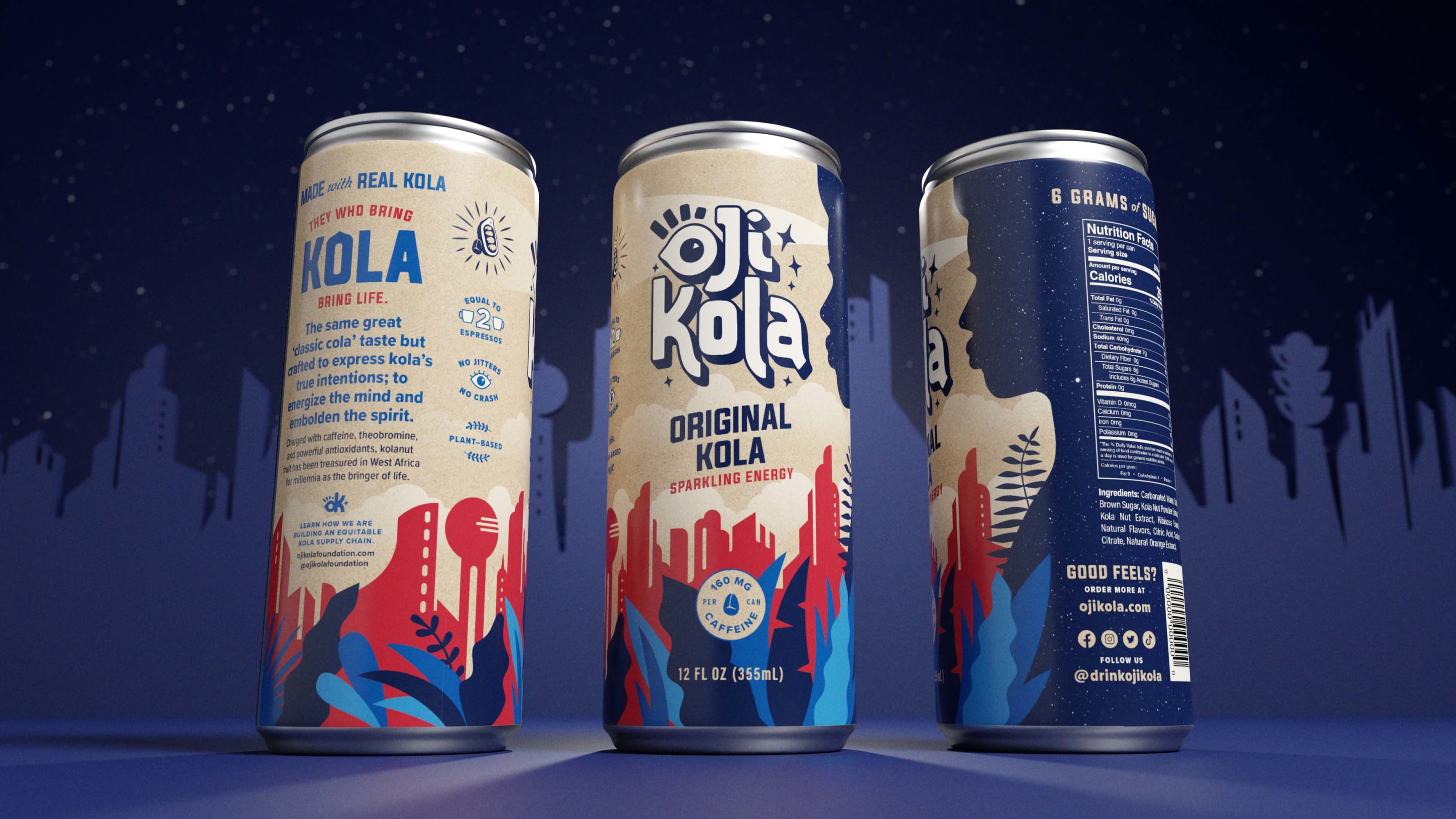 close up of 3 Oji Kola original kola cans with an emphasis on the can copy