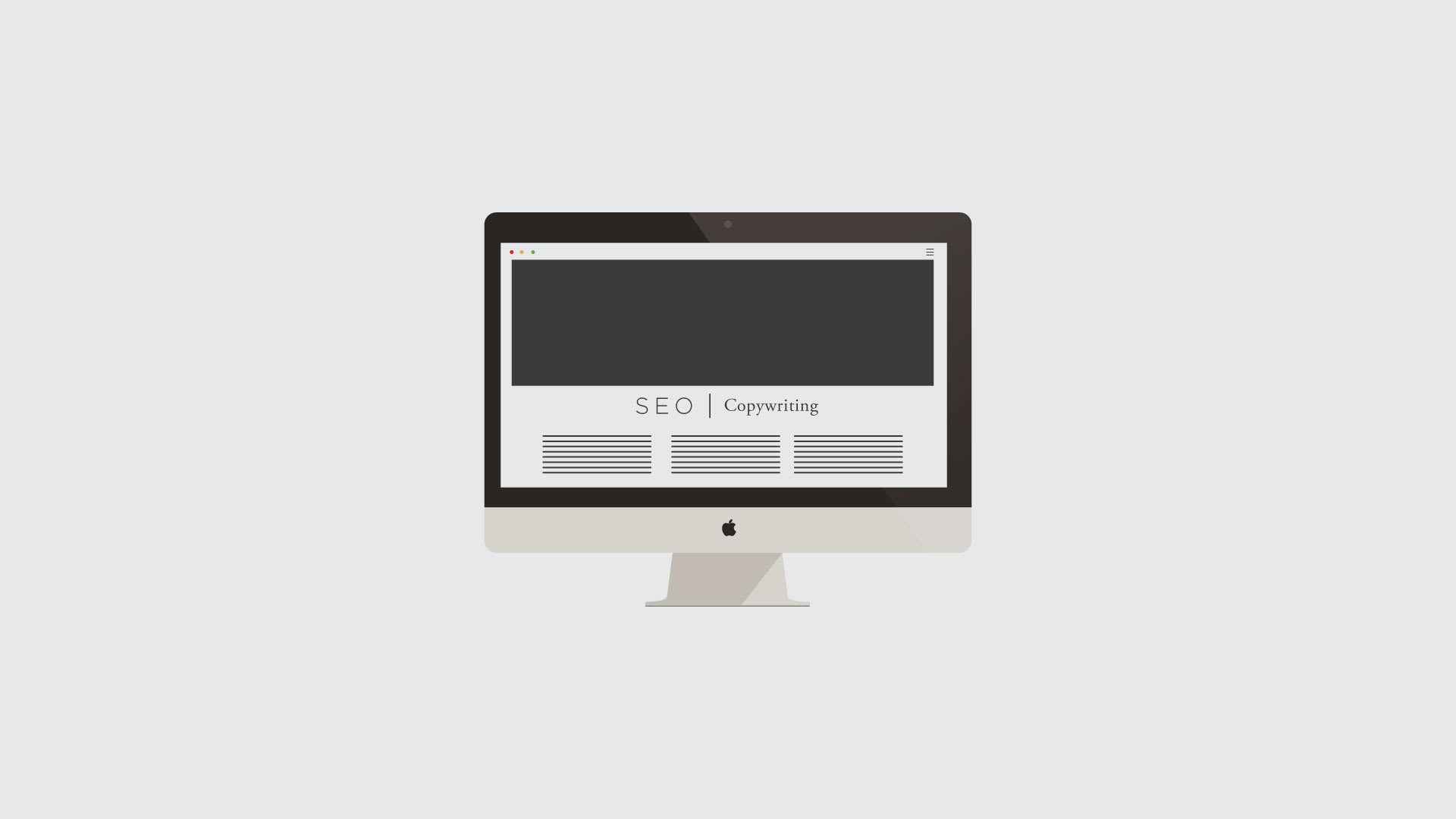 Desktop computer displaying a minimalist web page design with "SEO" and "Copywriting" text, relevant to SEO copywriting strategies for website content.