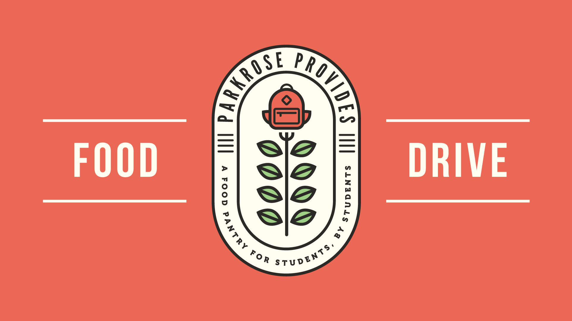Parkrose Provides logo featuring a backpack and plant design, promoting the food drive for community support during the holiday season.