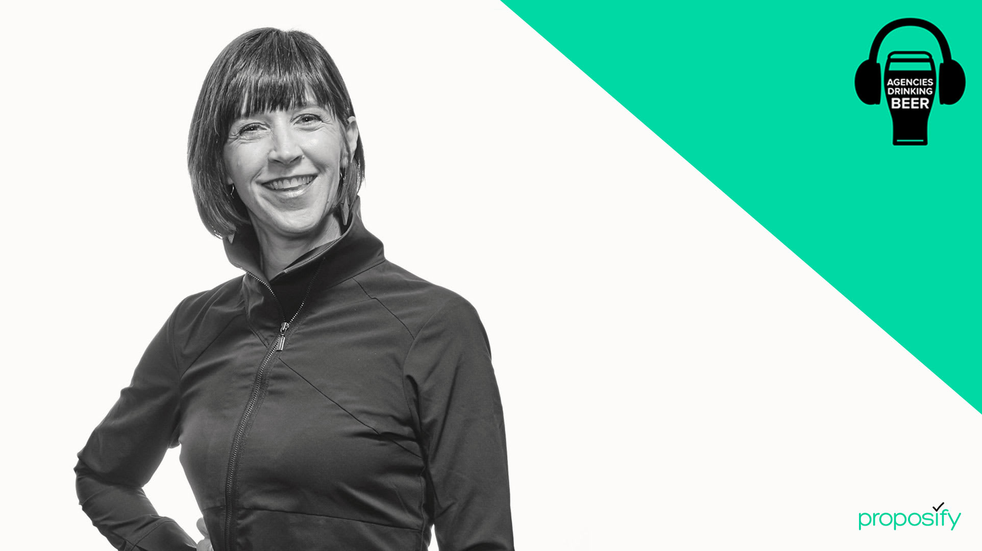 Mary Nichols from Murmur Creative smiling, wearing a black jacket, featured in the context of the podcast "Agencies Drinking Beer" and the Proposify logo.