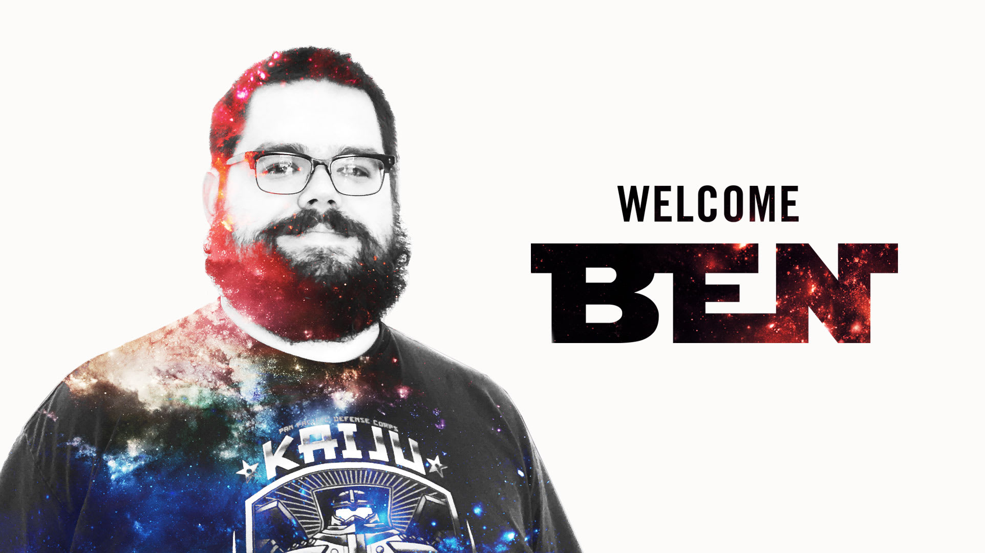 Man with glasses and beard in a galaxy-themed graphic t-shirt, smiling, with text "WELCOME BEN" in bold, stylized font, introducing Ben Bateman as the newest member of Murmur Creative.