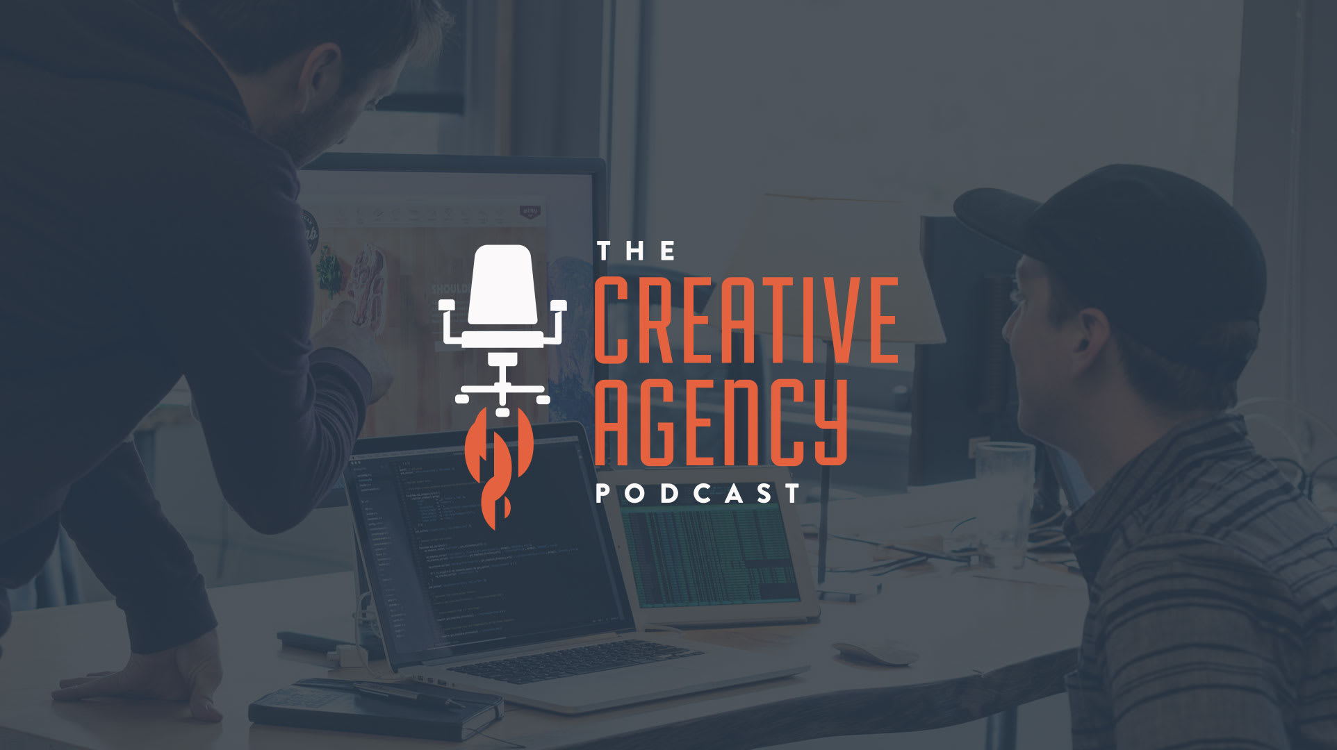 Creative Agency Podcast logo with two individuals collaborating at a desk, discussing creative projects and strategies.