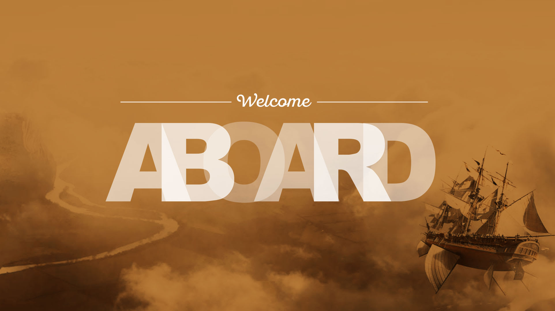 Welcome aboard graphic featuring stylized text "Welcome ABOARD" with a ship illustration, symbolizing a warm welcome to new clients at Murmur Creative.
