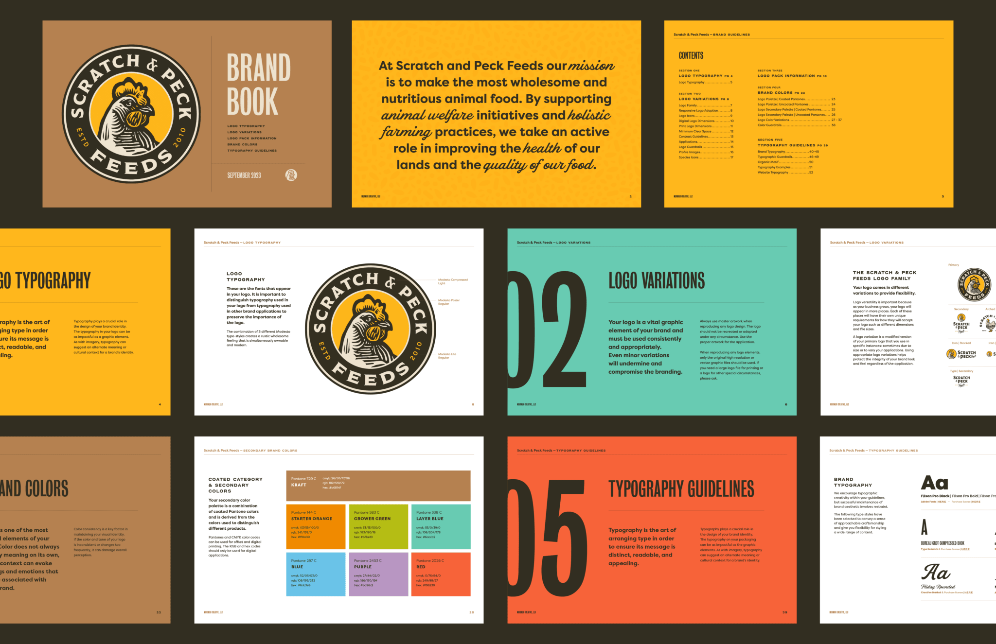 Brand book for Scratch & Peck Feeds featuring logo, typography guidelines, and color palette, emphasizing holistic farming and animal welfare branding.