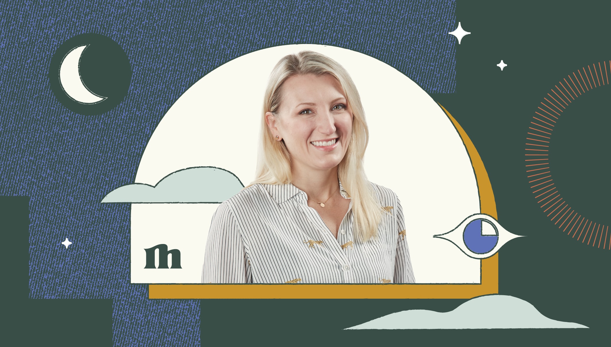Angela Larisch, Strategy Director at Murmur Creative, smiling in a stylized portrait with graphic elements, showcasing her role in brand strategy.