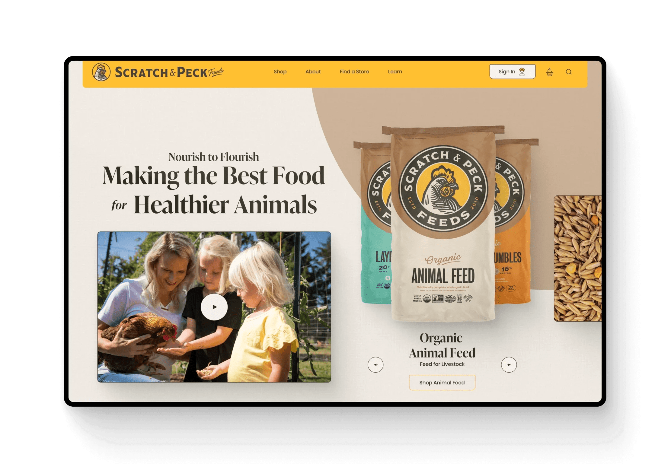 Scratch & Peck Feeds homepage featuring a mother and two children interacting with a chicken, showcasing organic animal feed products and emphasizing healthy animal nourishment.