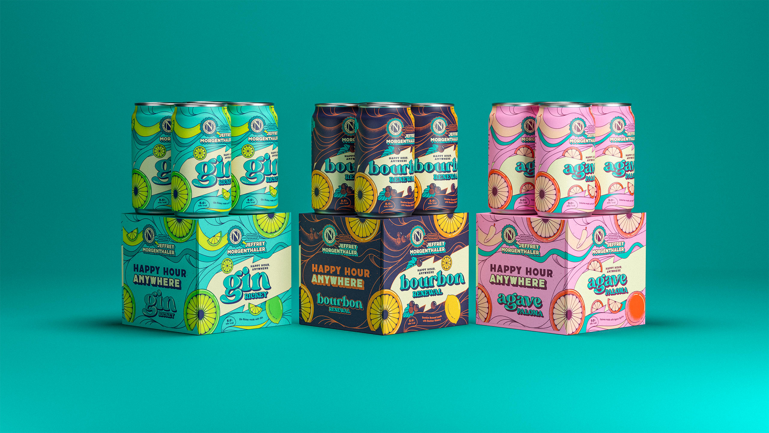 Cans and cartons of Ninkasi Brewing's canned cocktails featuring gin, bourbon, and agave flavors, designed by Jeffrey Morgenthaler, with vibrant, psychedelic-inspired packaging on a teal background.