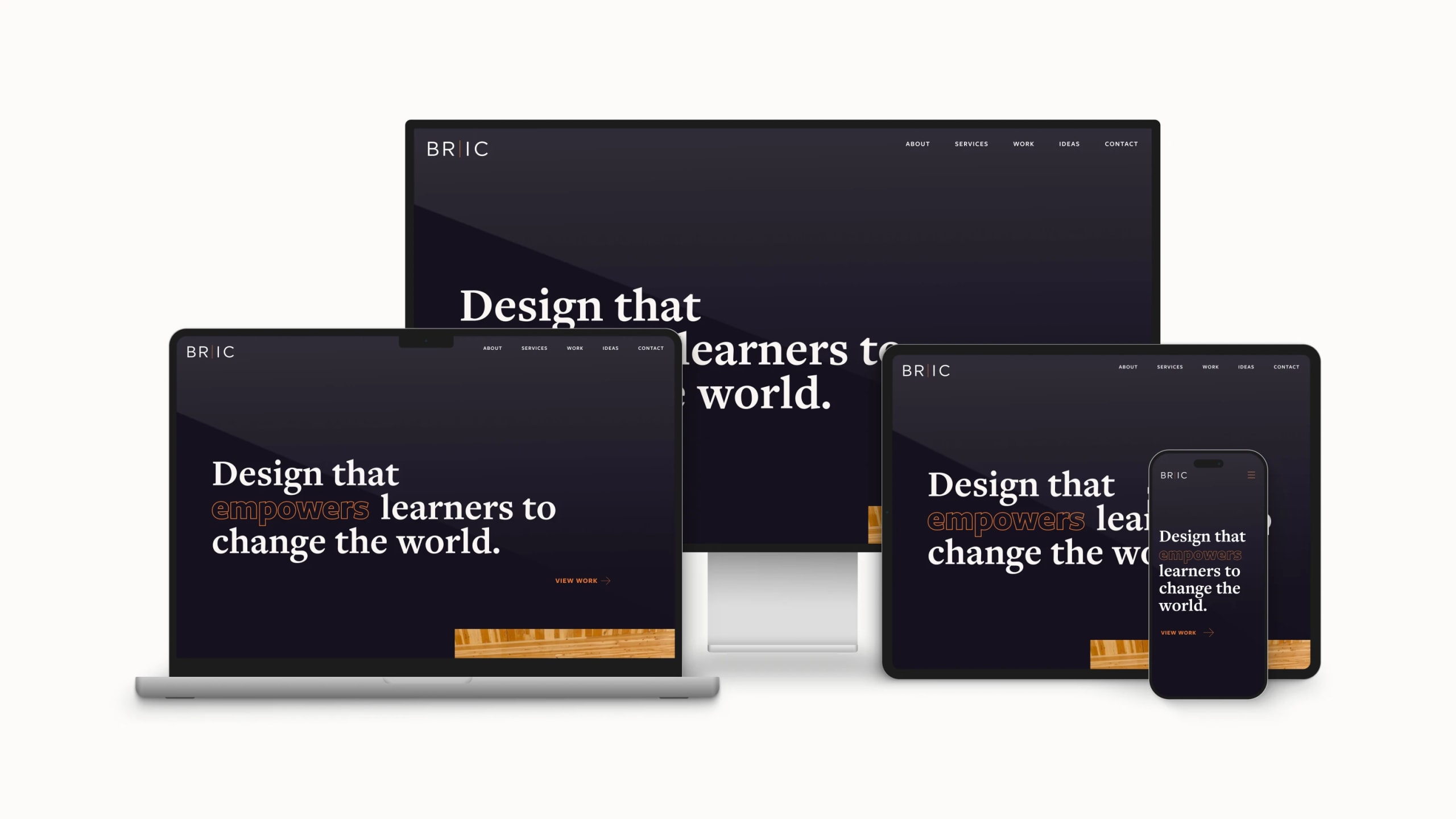 BRIC Architecture website design displayed on multiple devices, featuring the slogan "Design that empowers learners to change the world" in modern typography, emphasizing branding and user experience.