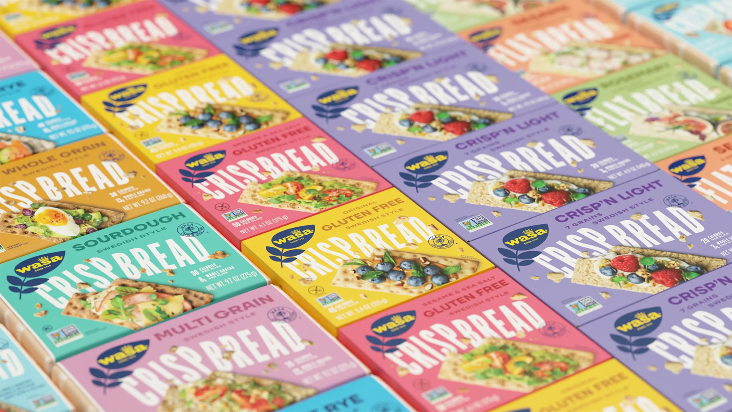 Wasa Crispbread packaging design showcasing a variety of flavors including Whole Grain, Sourdough, and Gluten Free, emphasizing modern aesthetics and vibrant colors.