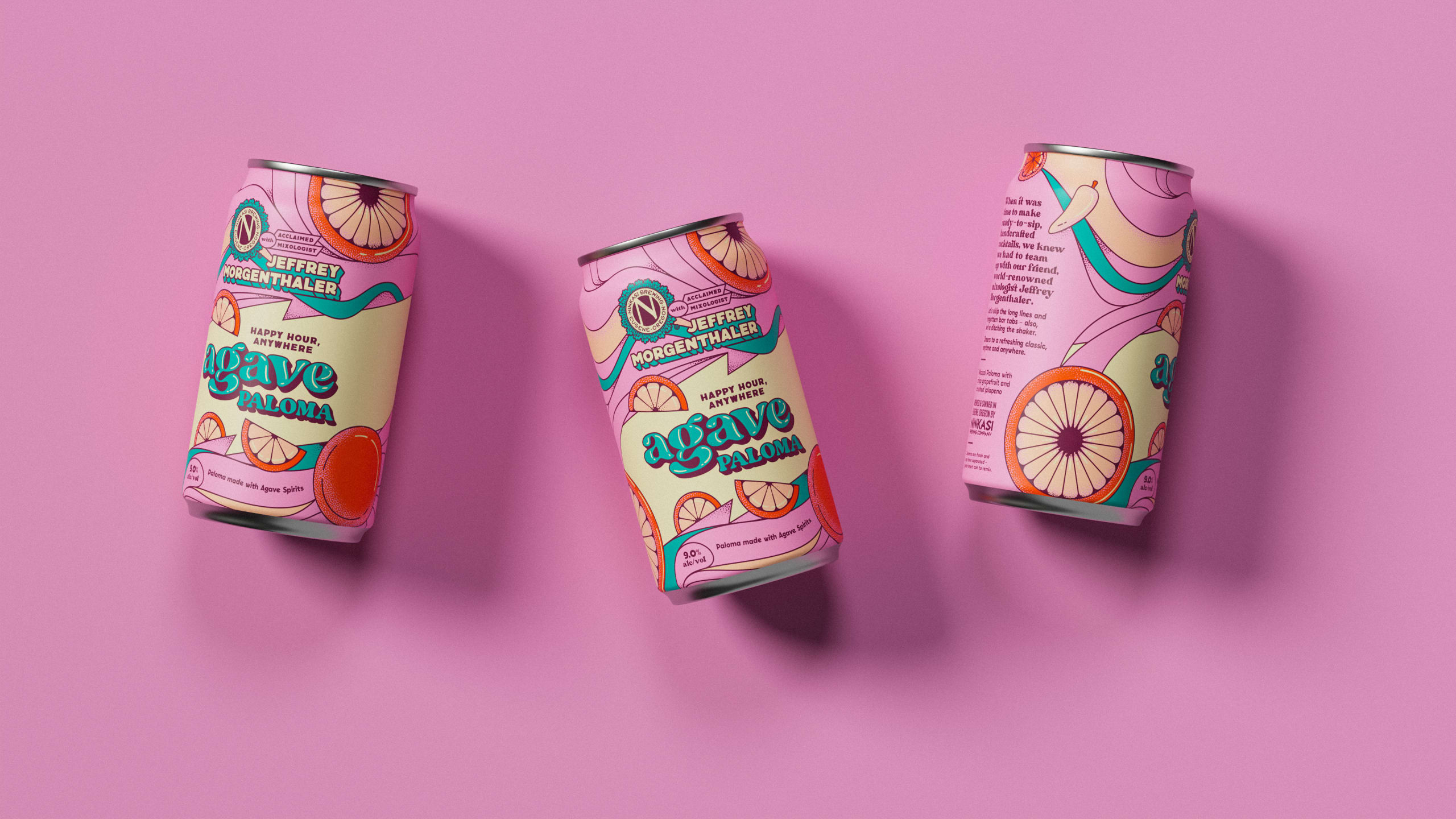 Canned Agave Paloma cocktail by Ninkasi Brewing, designed in collaboration with Jeffrey Morgenthaler, featuring vibrant packaging with citrus illustrations on a pink background.