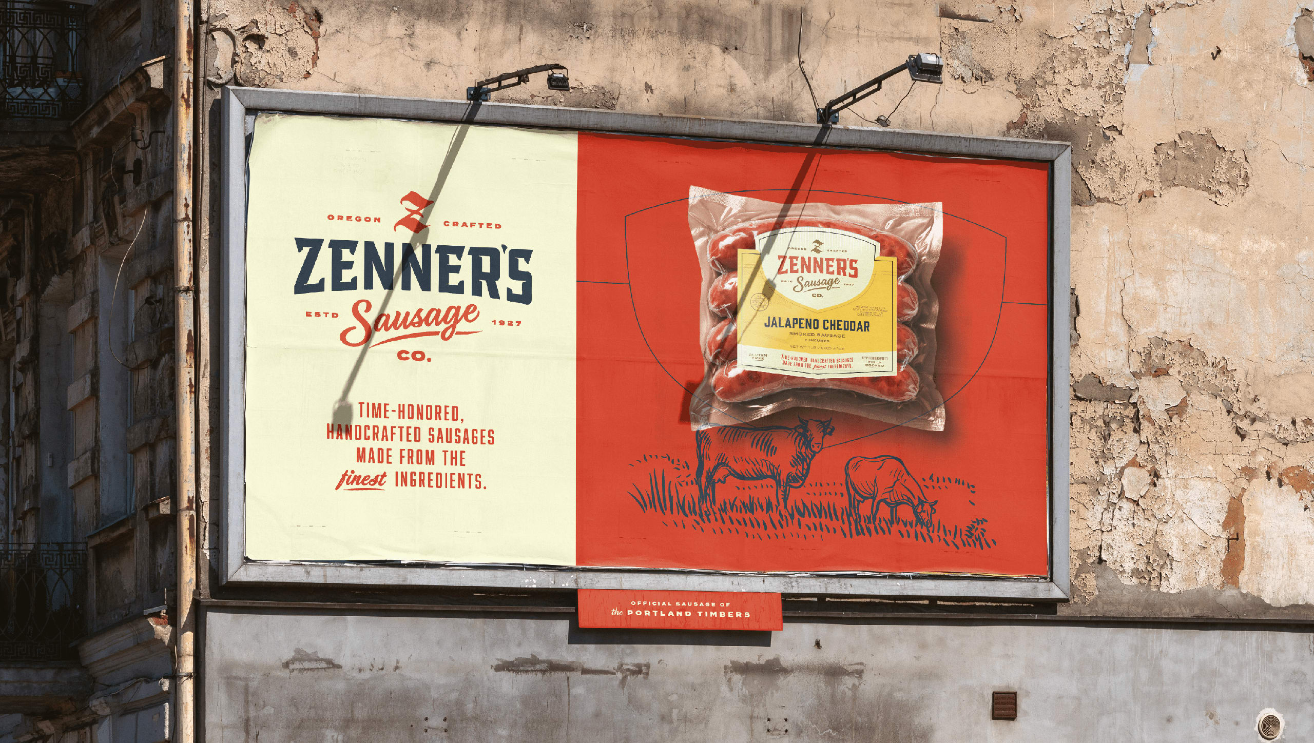 Zenner's Sausage billboard featuring a vibrant design with the brand name, established date, and a Jalapeño Cheddar sausage package, showcasing handcrafted sausages made from the finest ingredients.