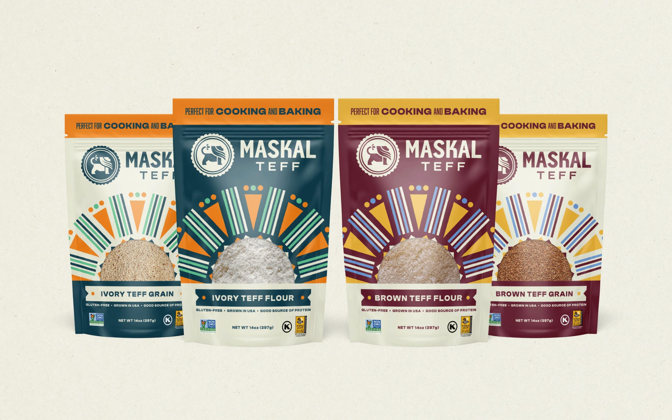 Packaging lineup for Maskal Teff products, featuring Ivory Teff Grain, Ivory Teff Flour, Brown Teff Flour, and Brown Teff Grain, highlighting vibrant designs that reflect Ethiopian heritage and emphasize gluten-free, American-grown qualities.