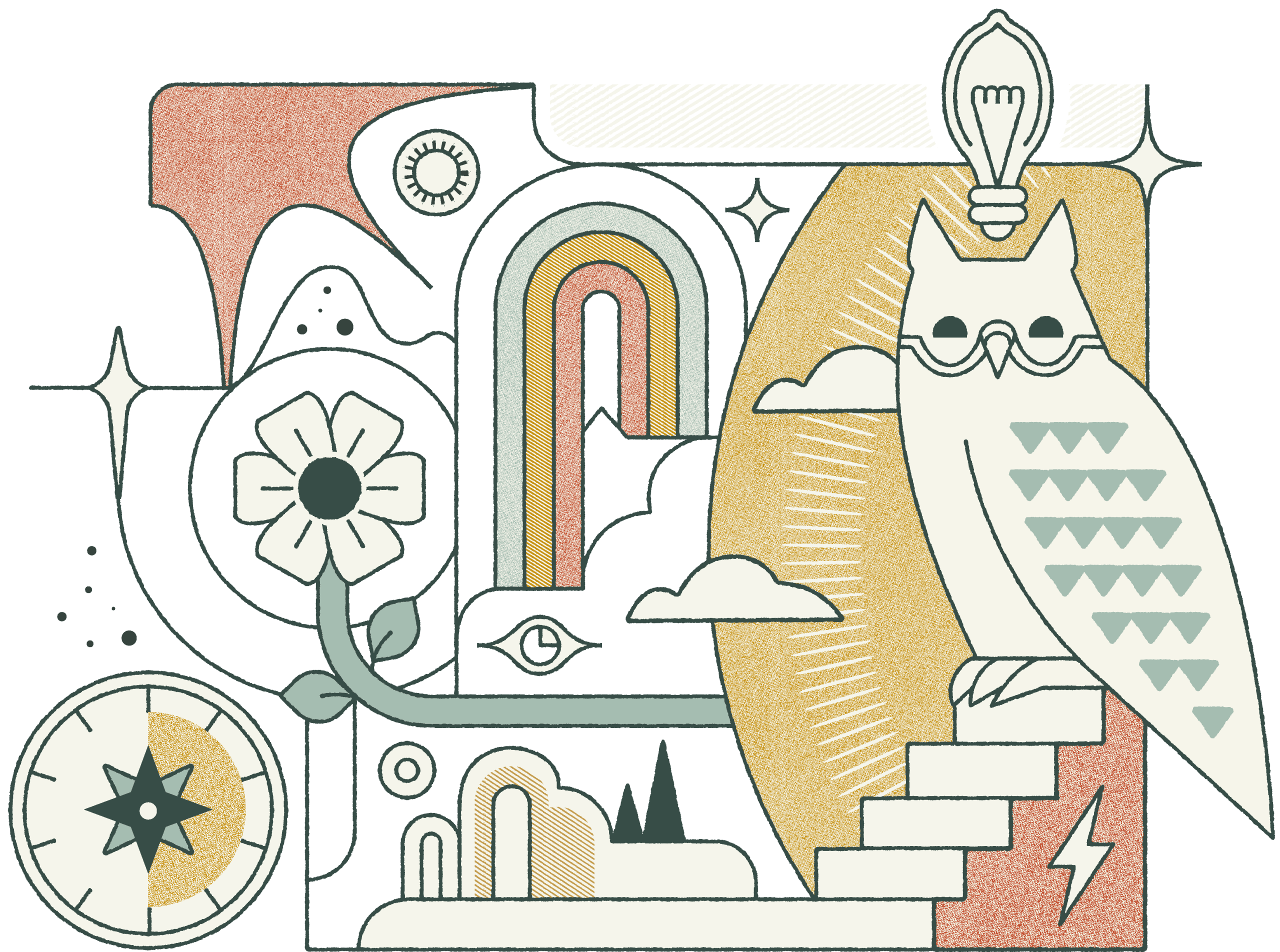 Colorful abstract illustration featuring an owl with glasses, stairs, a flower, a compass, a rainbow, and various geometric shapes, symbolizing creativity and personal branding for the Archetype Quiz by Murmur Creative.