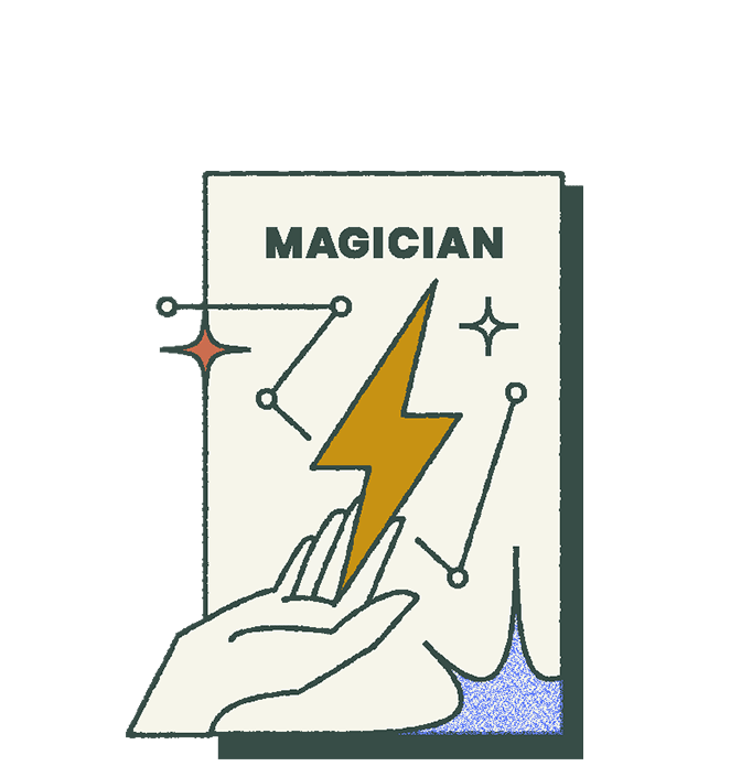 Magician archetype illustration featuring a hand holding a lightning bolt, with stars and connecting lines, representing creative transformation and branding insights.