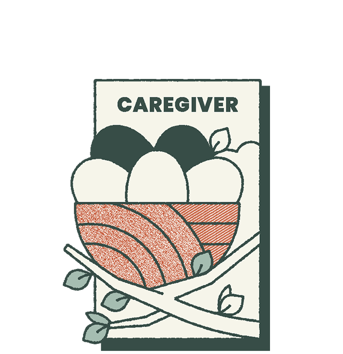 Caregiver archetype illustration featuring a nest with eggs, symbolizing care and support, aligned with Murmur Creative's focus on self-discovery through archetype quizzes.