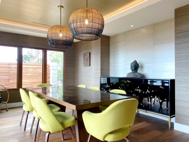 Dining room with unique hanging lights