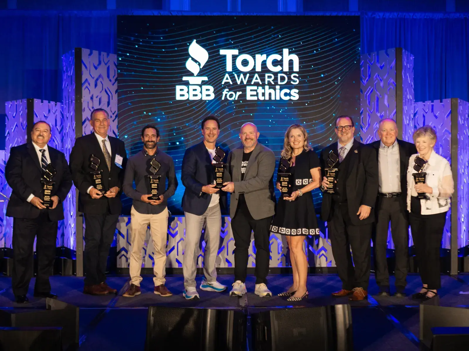 The 2026 BBB Torch Award for Ethics winners on stage in San Diego Caption (show under image): The 2026 BBB Torch Award for Ethics winners, BBB Serving the Pacific Southwest