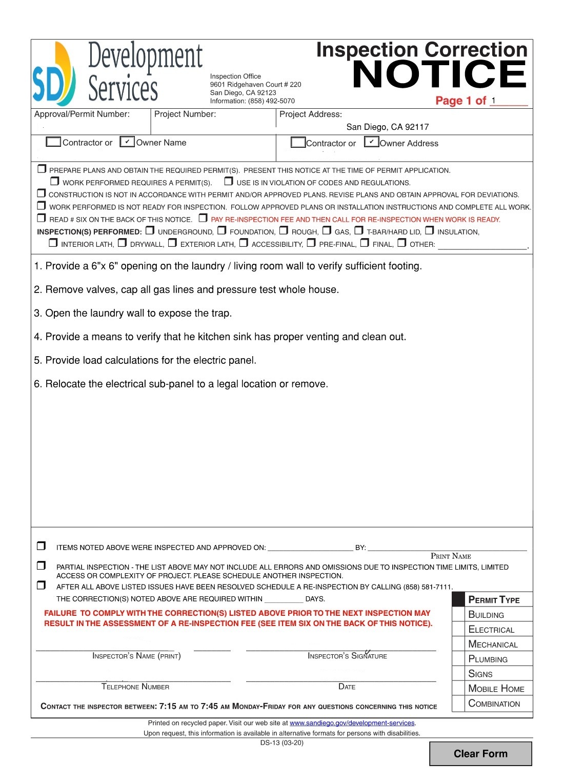 San Diego City Development Services Inspection Correction Notice showing six code violations including an illegal electrical sub-panel and gas line deficiencies on a flipped property