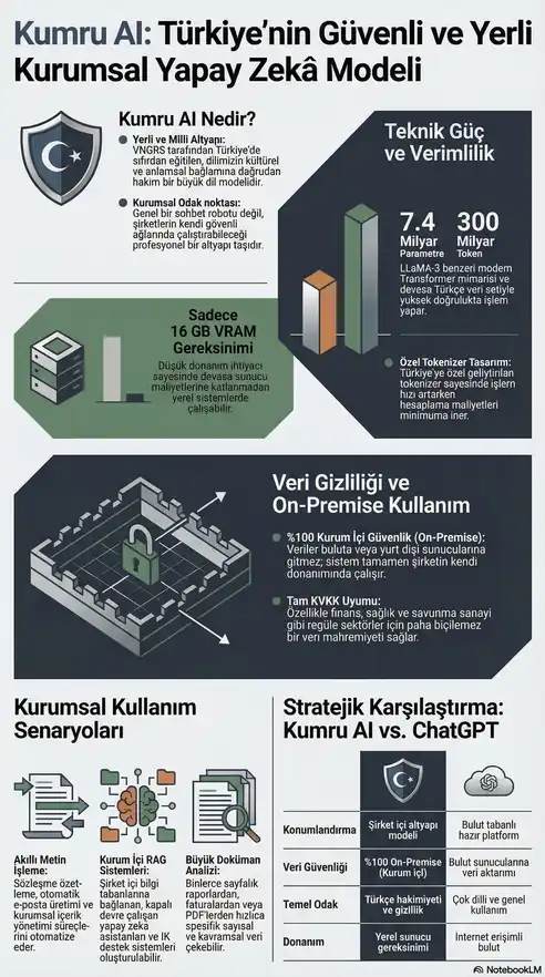 Kumru AI Türkiye'nin güvenli ve yerli kurumsal yapay zeka modeli infografiği