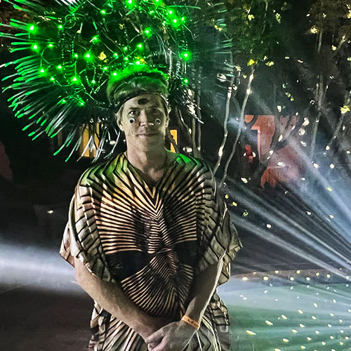 Jerome Joyce with headpiece by artist Marina Polakoff