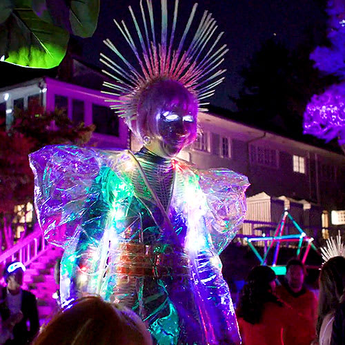 Stilt walker Patricia Wright with costume by Earth Circus
