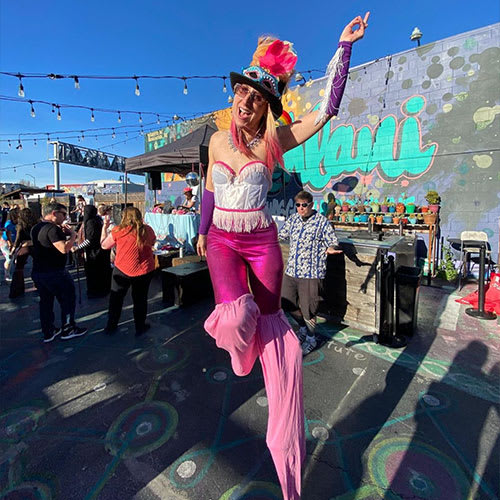 Stilt walker Patricia Wright