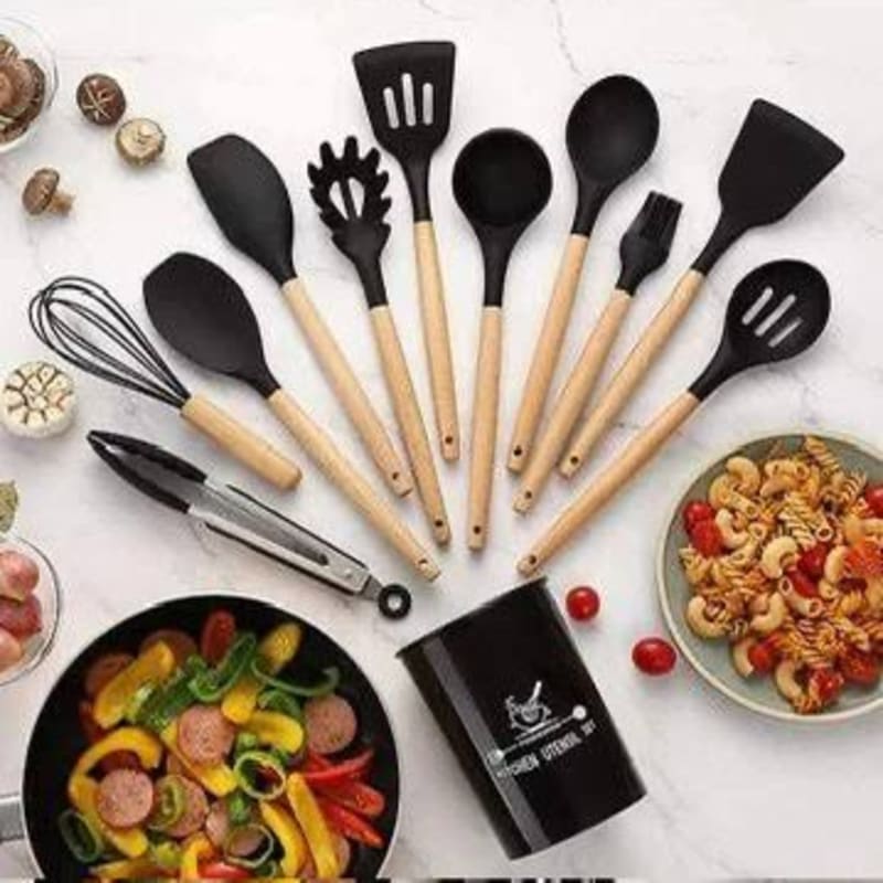 Premium  Silicone Kitchen Utensil Set with Wooden Handles & Storage Holder