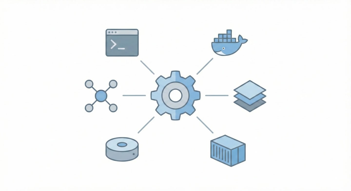 Docker ekosistemini gösteren diyagram: Docker Engine merkezde, etrafında CLI, daemon, image, container, volume ve network bileşenleri.