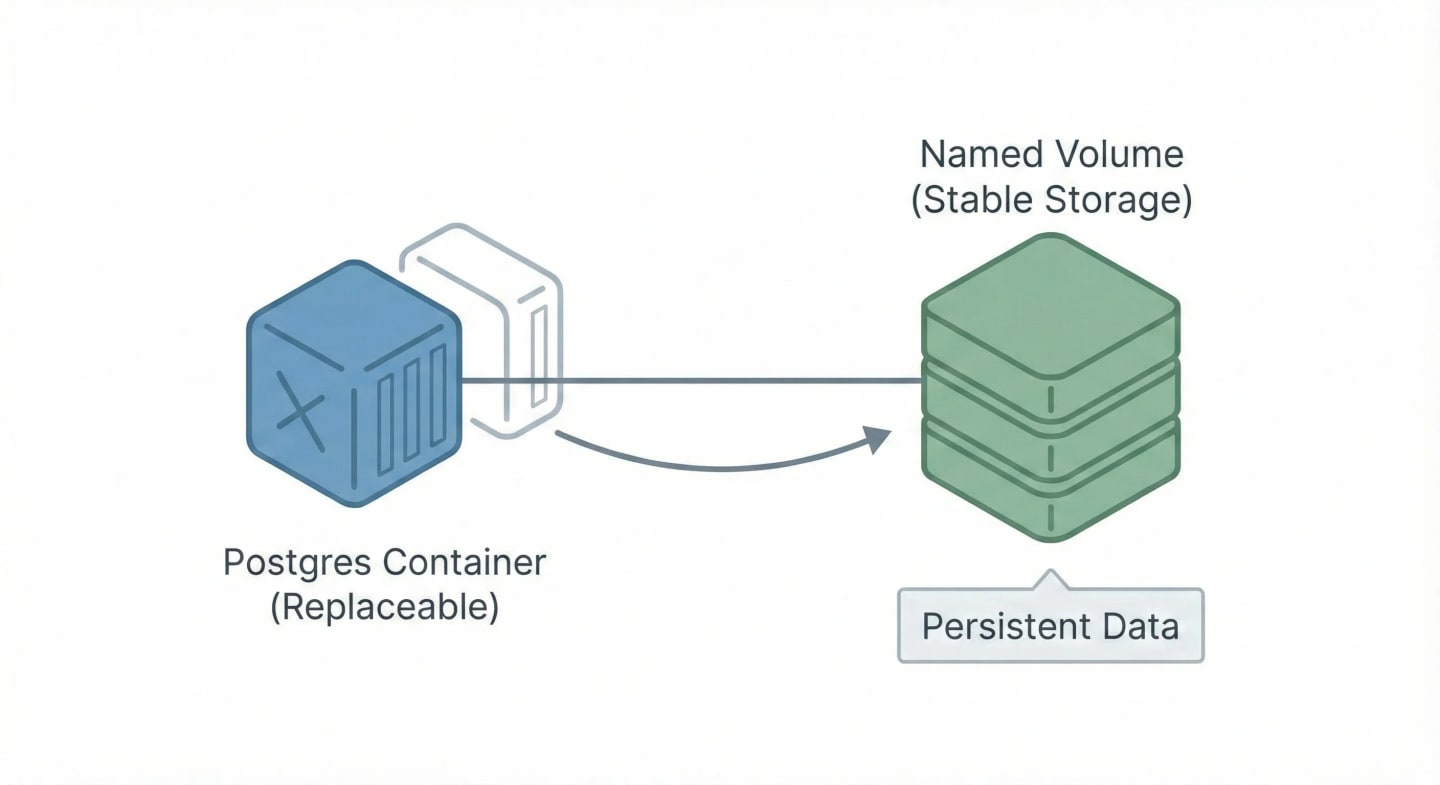Postgres container’ının dış bir Docker volume’a bağlı olduğu ve container silinse bile verinin korunduğunu gösteren şema.
