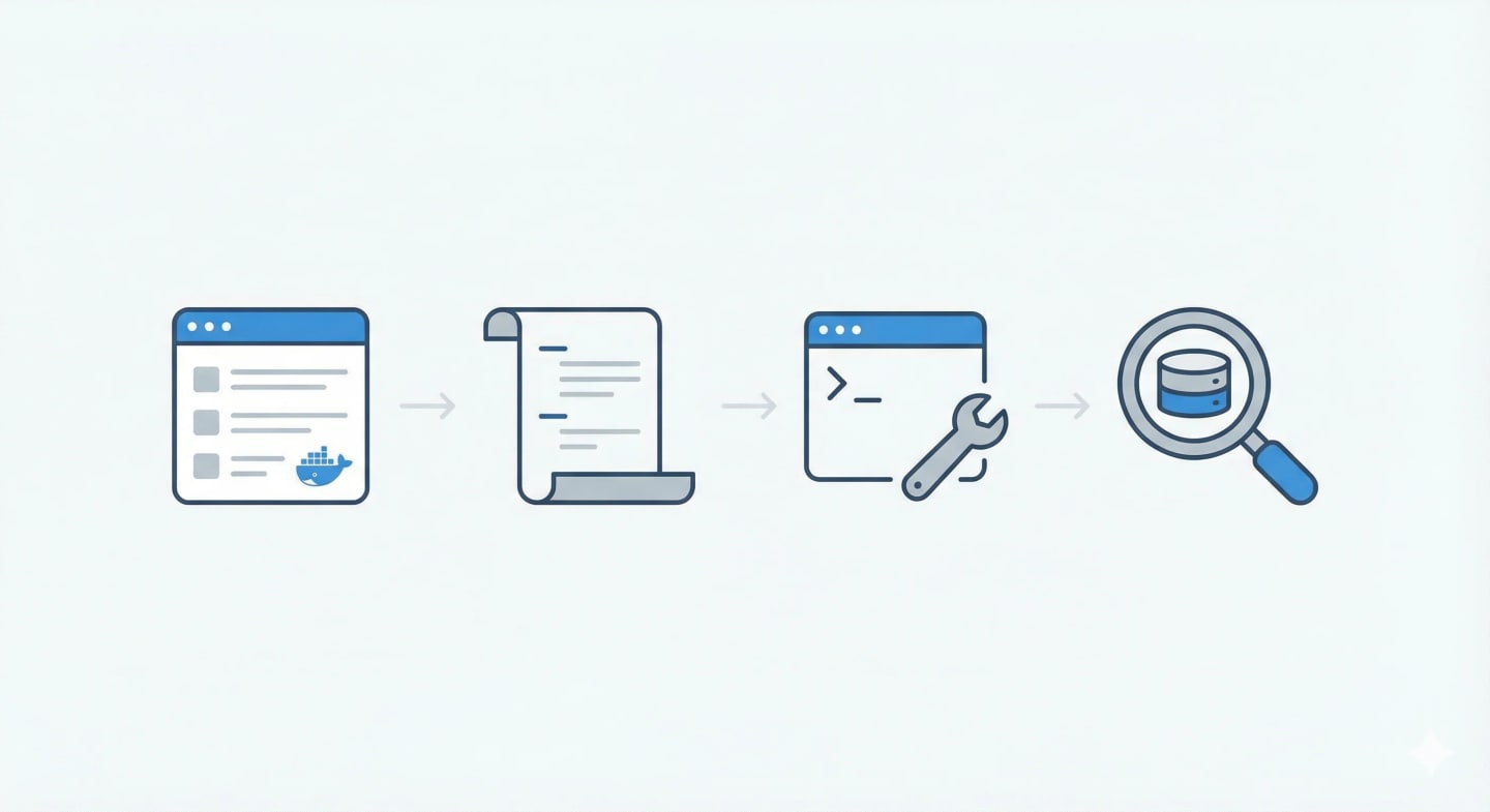 Docker sorun giderme akışını gösteren diyagram: container durumu, log kontrolü, container içine girme ve detaylı inceleme adımları.