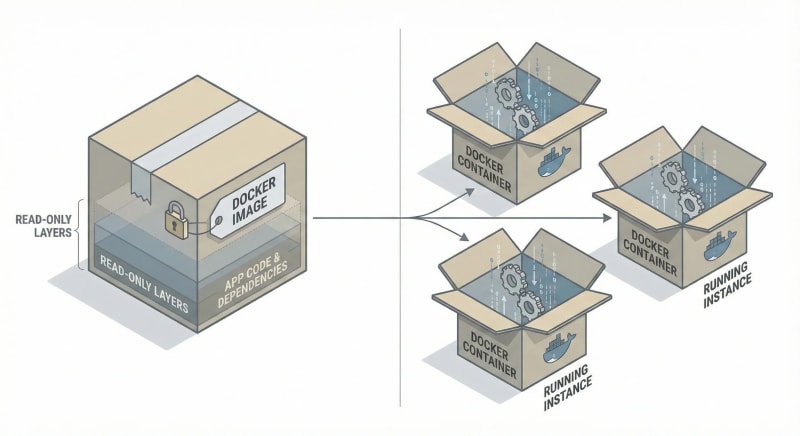 Docker image ile bu image’dan üretilmiş çalışan container’lar arasındaki farkı gösteren görsel anlatım.